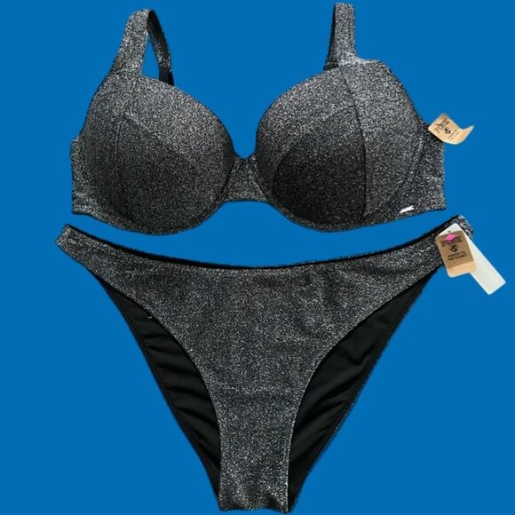 Victorias Secret Swim Shimmer Push up Padded Bikini top & Bottom Set Gray XXL - Picture 1 of 4
